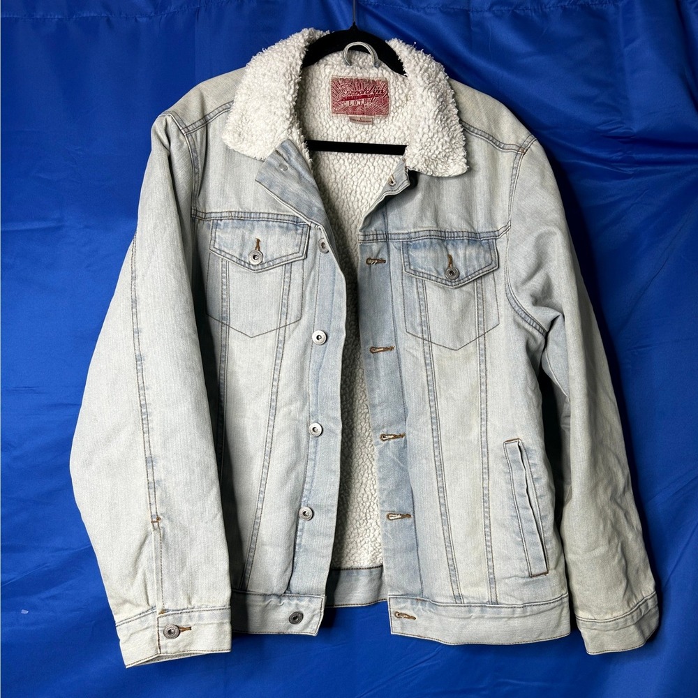 Brooklyn Cloth Womens Sherpa-Lined Denim Trucker Jacket Sz L Classic Cotton Warm